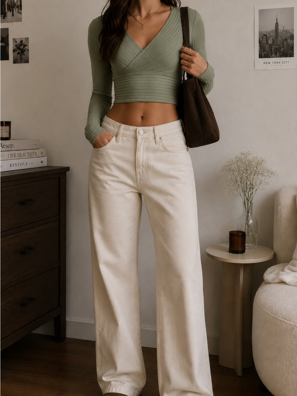 SHEIN Ribbed Wrap Crop Top in Sage